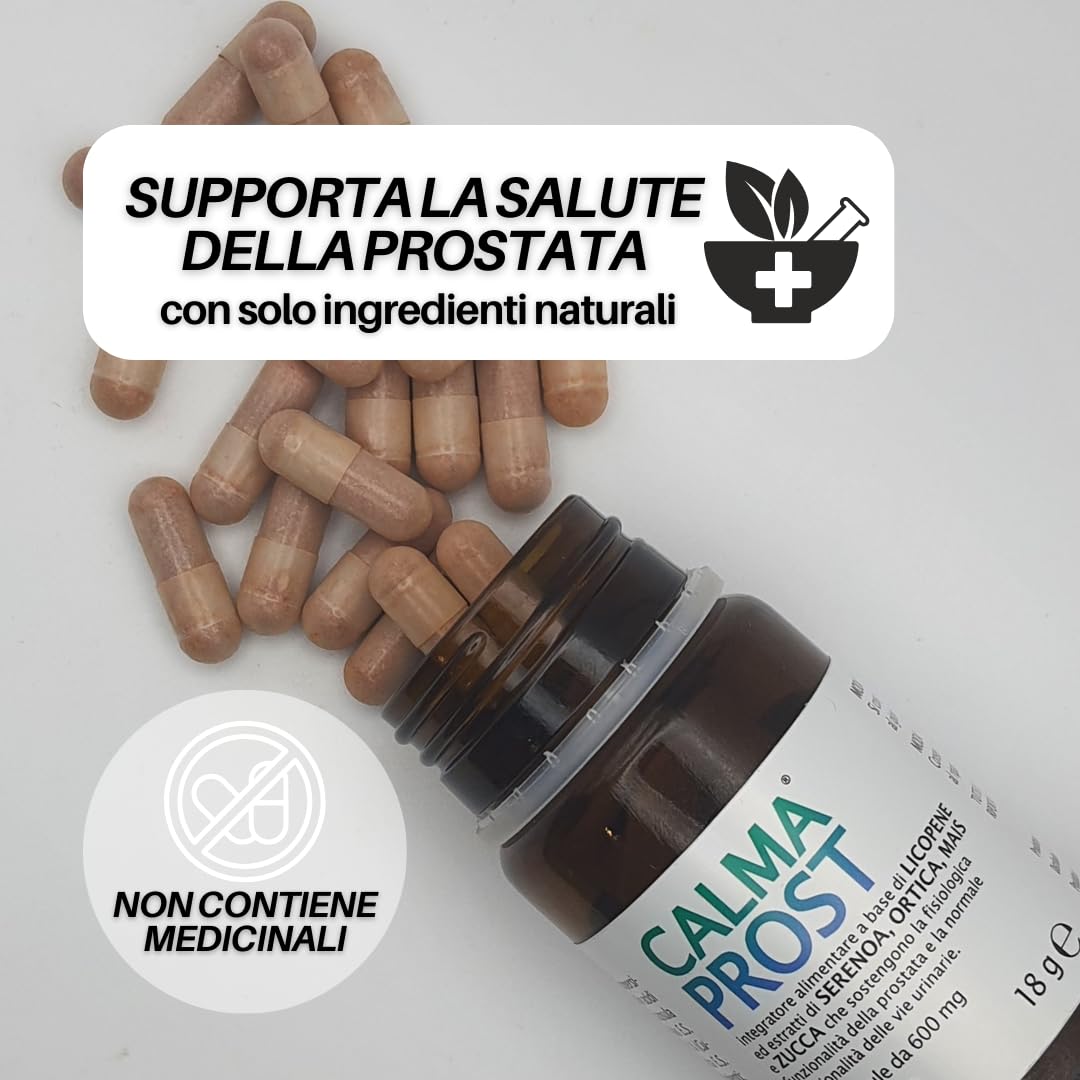 CALMAPROST – Integratore Naturale per Benessere della Prostata e Funzionalità Urinaria, 30 Capsule con Serenoa Repens, Licopene, Zinco e Selenio