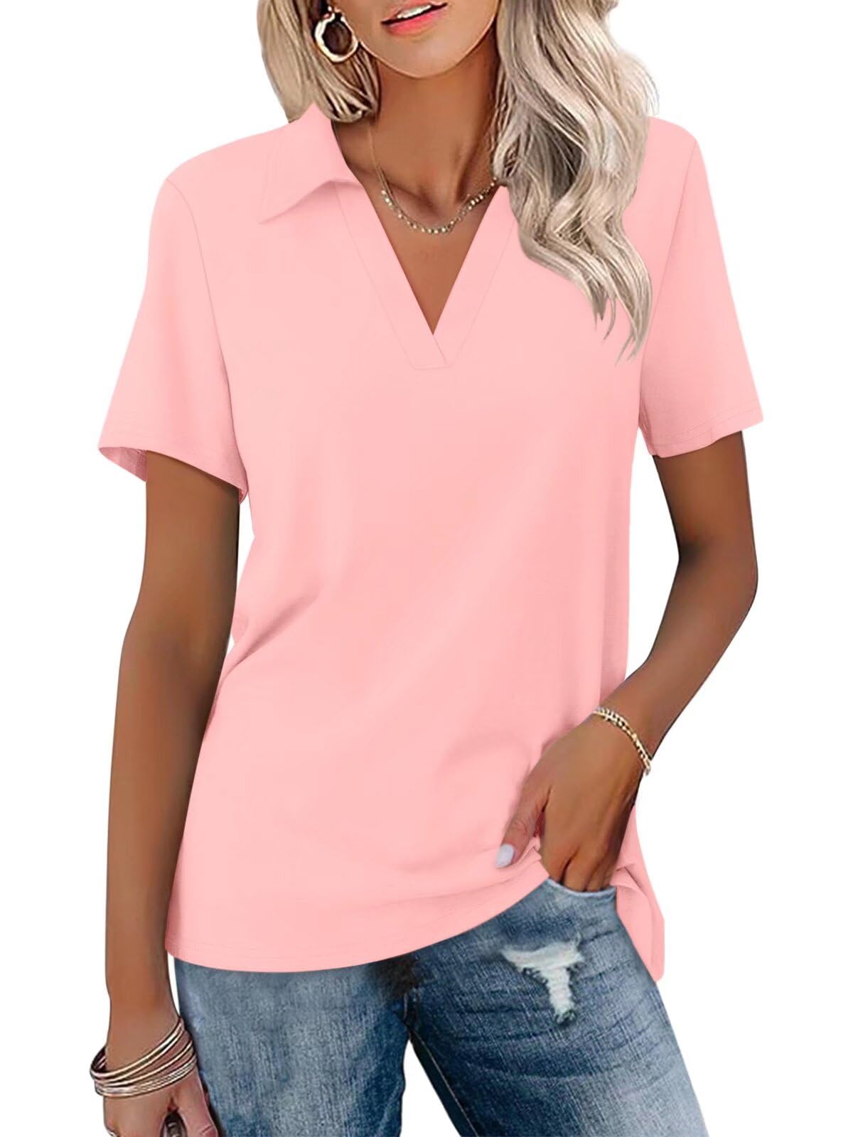 Womens Short Sleeve V Neck Polo Shirts Summer Collared Tops