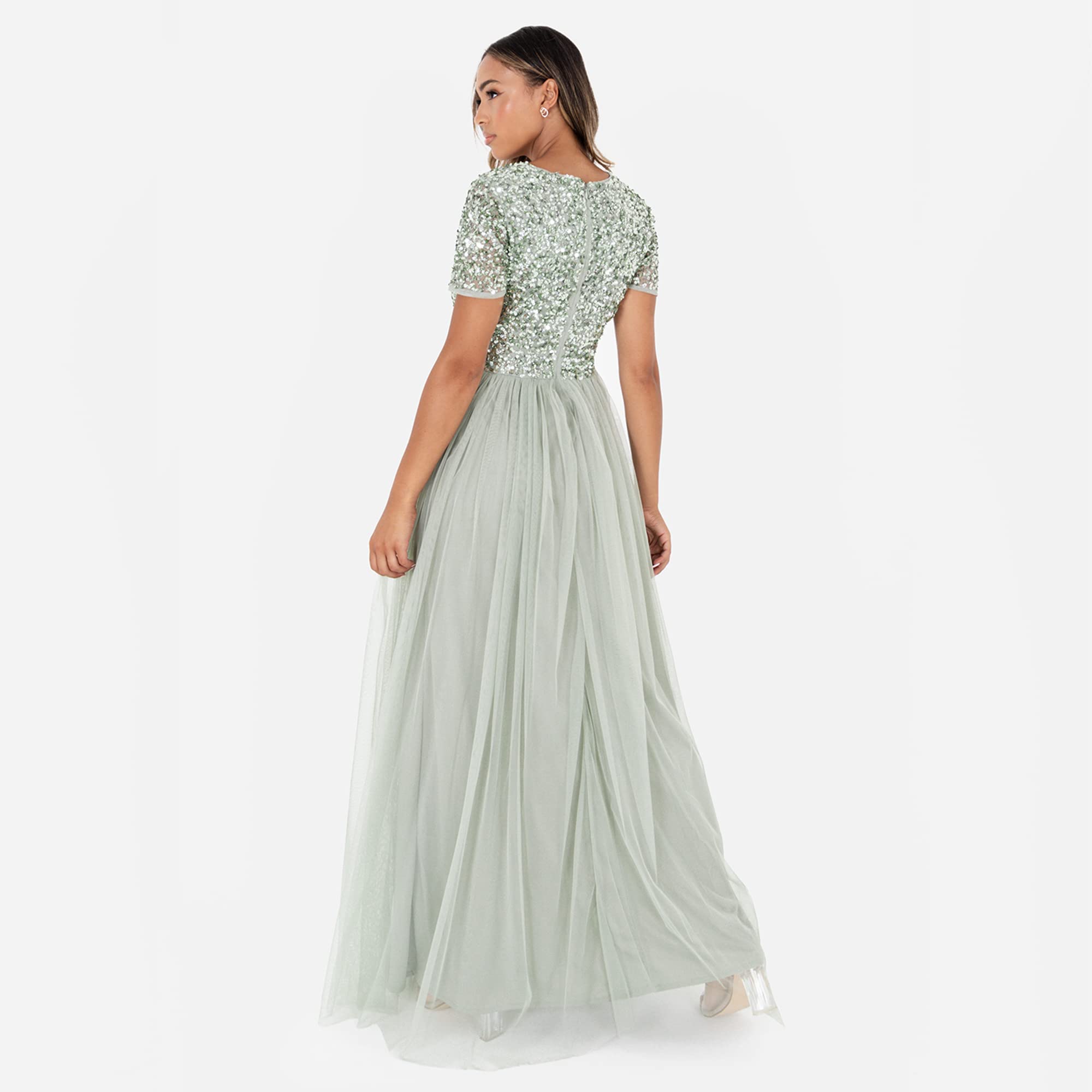 Maya Deluxe Sukienka druhny Kobiety Maya Deluxe Green Lily V Neckline Embellished Maxi Dress