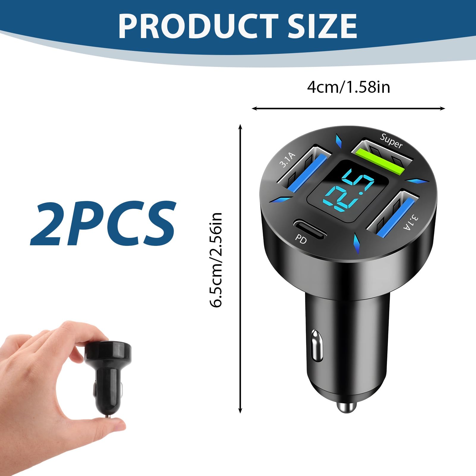 2 PCS 66W Cargador Mechero USB Carga Rapida, Super y QC3.0 & PD 4 Puertos Cargador Movil Coche con Voltímetro Led Compatible con Múltiples Dispositivos y Todos Los Teléfonos Inteligentes - 2