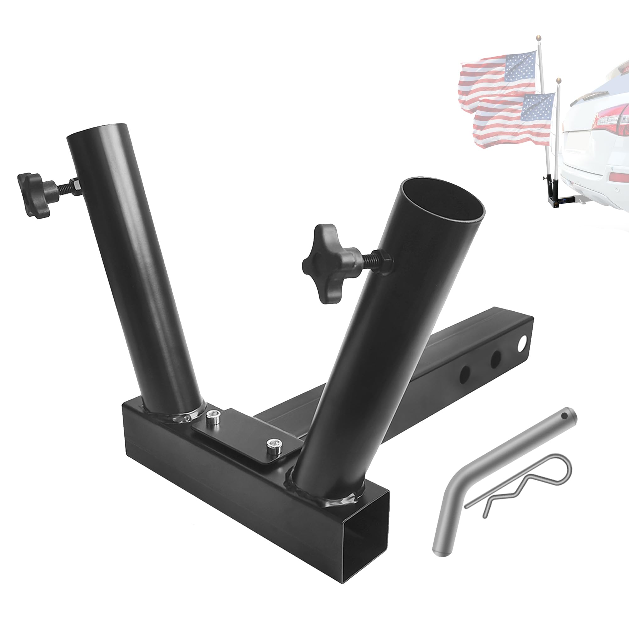 LOCKIETTA Dual Hitch Mount Flagpole Holder, Heavy Duty Double Flag Poles Holder Univesal for Standard 2 inch Hitch, Compatible with Jeep Truck SUV RV