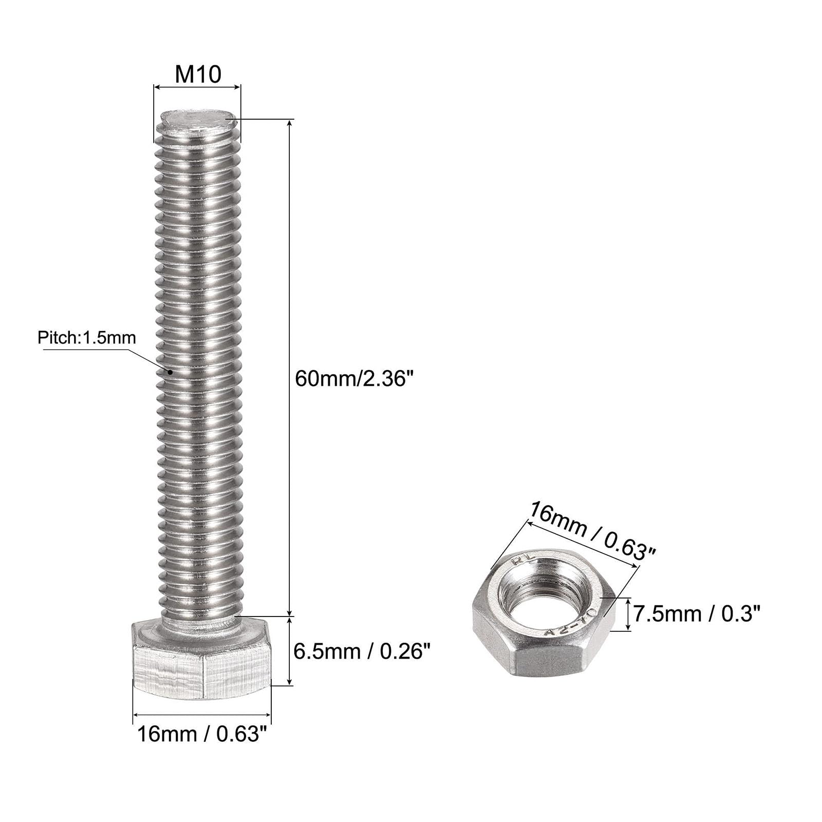 TOP-VIGOR 4Pcs M10 x 60mm Hex Head Screws Bolts, Nuts, Flat & Lock Washers Kits - Image 2
