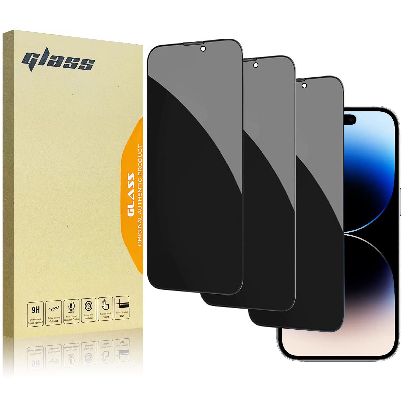 Privacy Screen Protector for iPhone 14 Pro Max, 3 Pack 9H Hardness Shatterproof Anti-Spy Tempered Glass Film Compatible with iPhone 14 Pro Max 6.7'', Edge to Edge Protection Film Case-Friendly