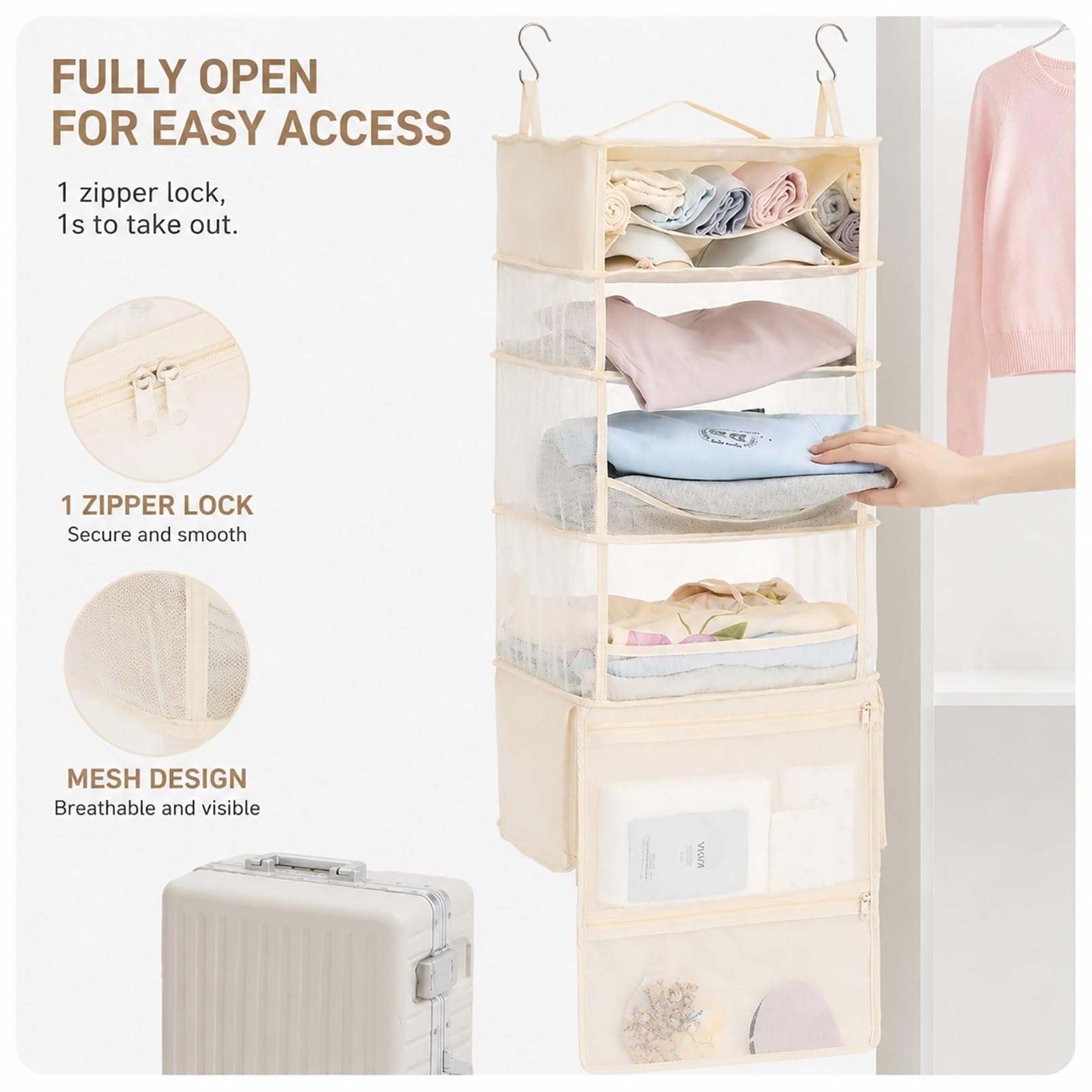 Wiszący Organizer Podróżny, Przenośna Szafa Do Walizki | 3/4 siatkowe półki, dwa haki, uchwyt i pas na walizkę(Yellow,4 LAYERS)