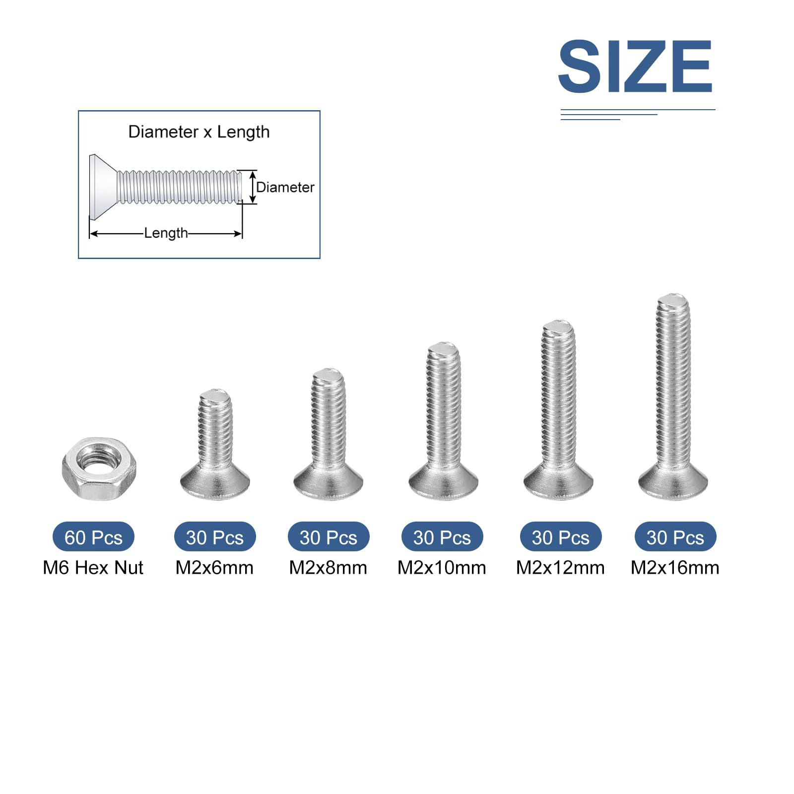 DTGN 210Pcs M2 x 6mm /8mm /10mm /12mm /16mm Flat Head Hex Socket Cap Screws Bolts Nuts Kit, 304 Stainless Steel, Full Thread - Image 2