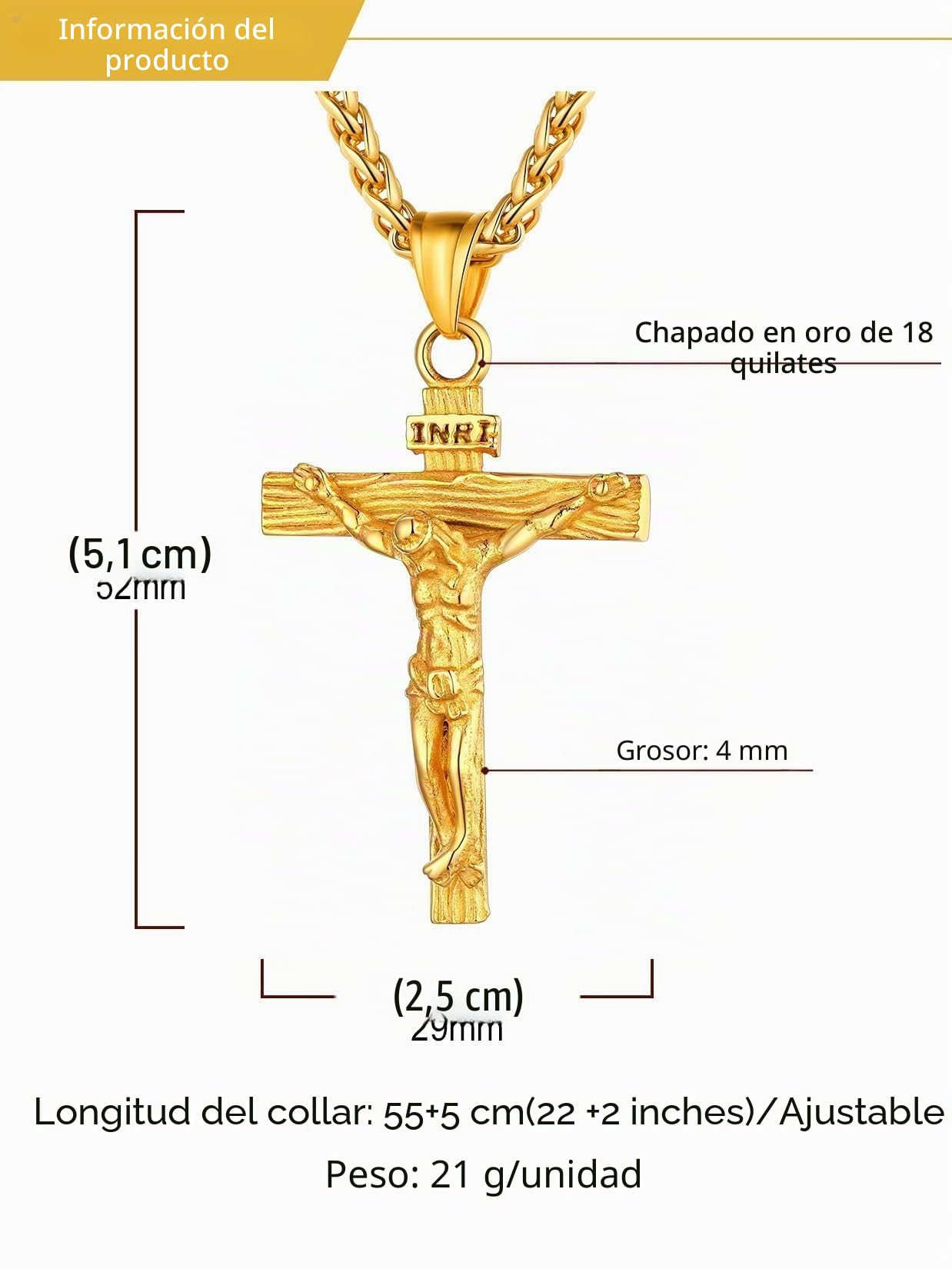 U7 Colgante Cruz Hombre de Acero Inoxidable Collar Cruz de Jesús con Cadena Espiga Ajustable 56+5cm Plateado/Dorado/Negro/Oro Rosa, Joyería Religiosa Crucifijo Colgante para Hombre y Mujer