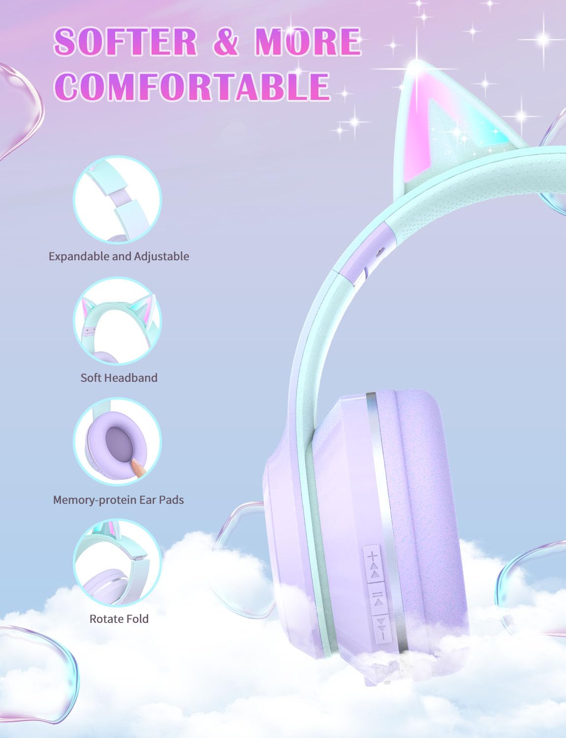 Xunpuls Cuffie Bluetooth per Bambini, Senza-Fili Cuffie Over-Ear, Con orecchie LED, Pieghevole, Con Microfono, Micro SD/TF, HD Stereo, Cuffie ragazze orecchie gatto per scuola/scrivania/PC/TV