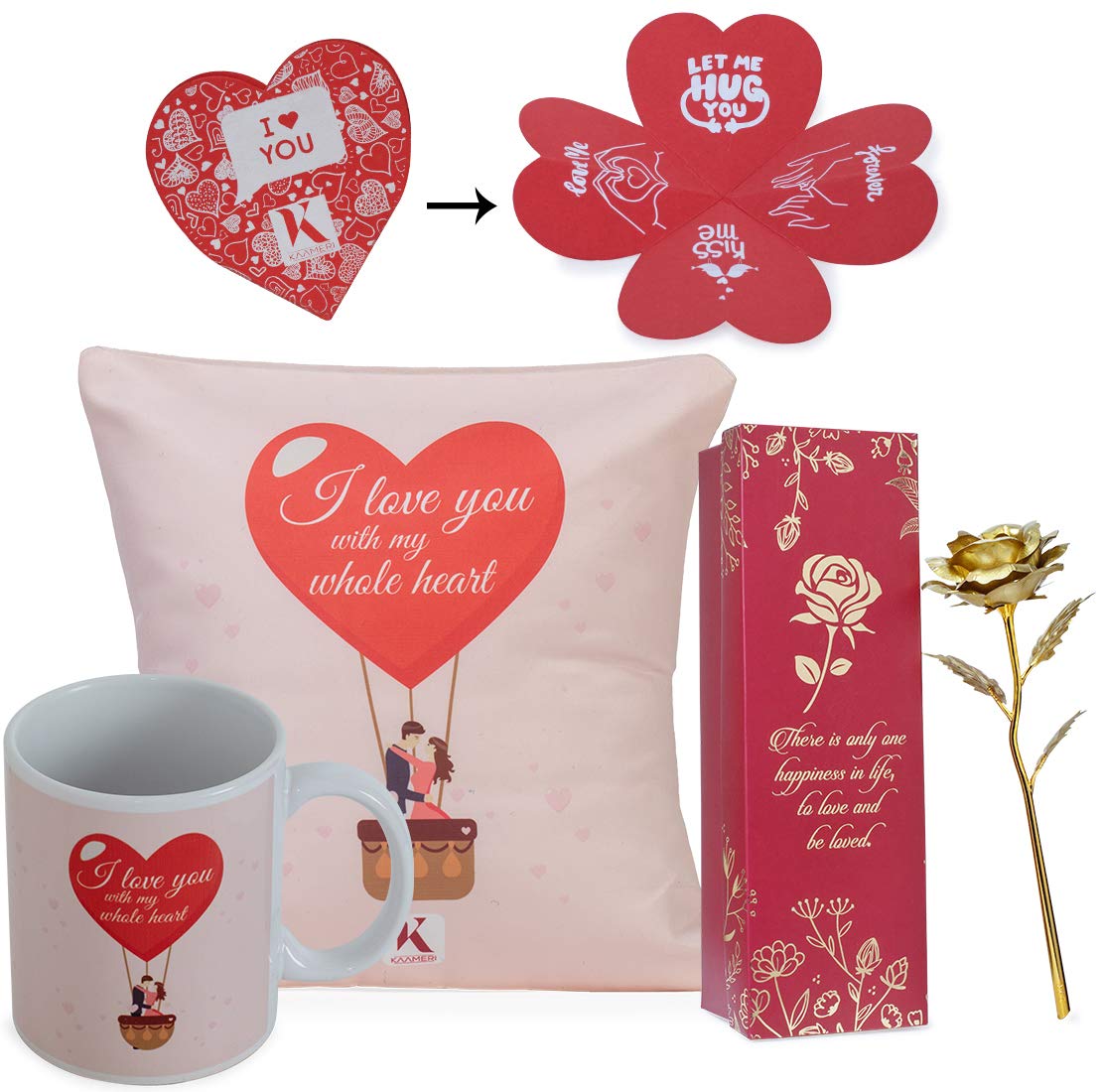 Next Bazaar Valentines Day i Love You with My Whole Heart Quote Cushion Cover with Filler(Red 12 x 12) Mug 330 ml and 1 Artificial Rose - Gift for Girlfriend-Boyfriend-Wife-Husband-Men-Birthday