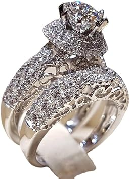 KUYIUIF 2 Pcs Retro Luxury Ring Set 925 Sterling Silver Shiny Full Diamond AAA Cubic Zirconia Solitaire Rings CZ Diamond Ring Set Eternity Engagement Wedding Band Set 10