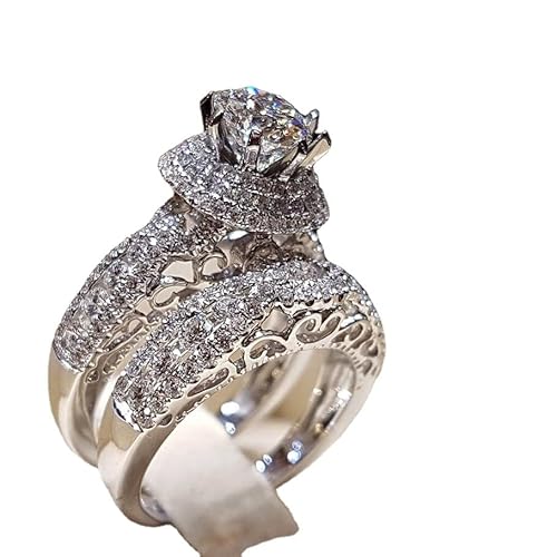 LRESJJIUJ 2 Pcs Retro Luxury Ring Set 925 Sterling Silver Shiny Full Diamond AAA Cubic Zirconia Solitaire Rings Set CZ Diamond Ring Set Eternity Engagement Wedding Band Set (9)