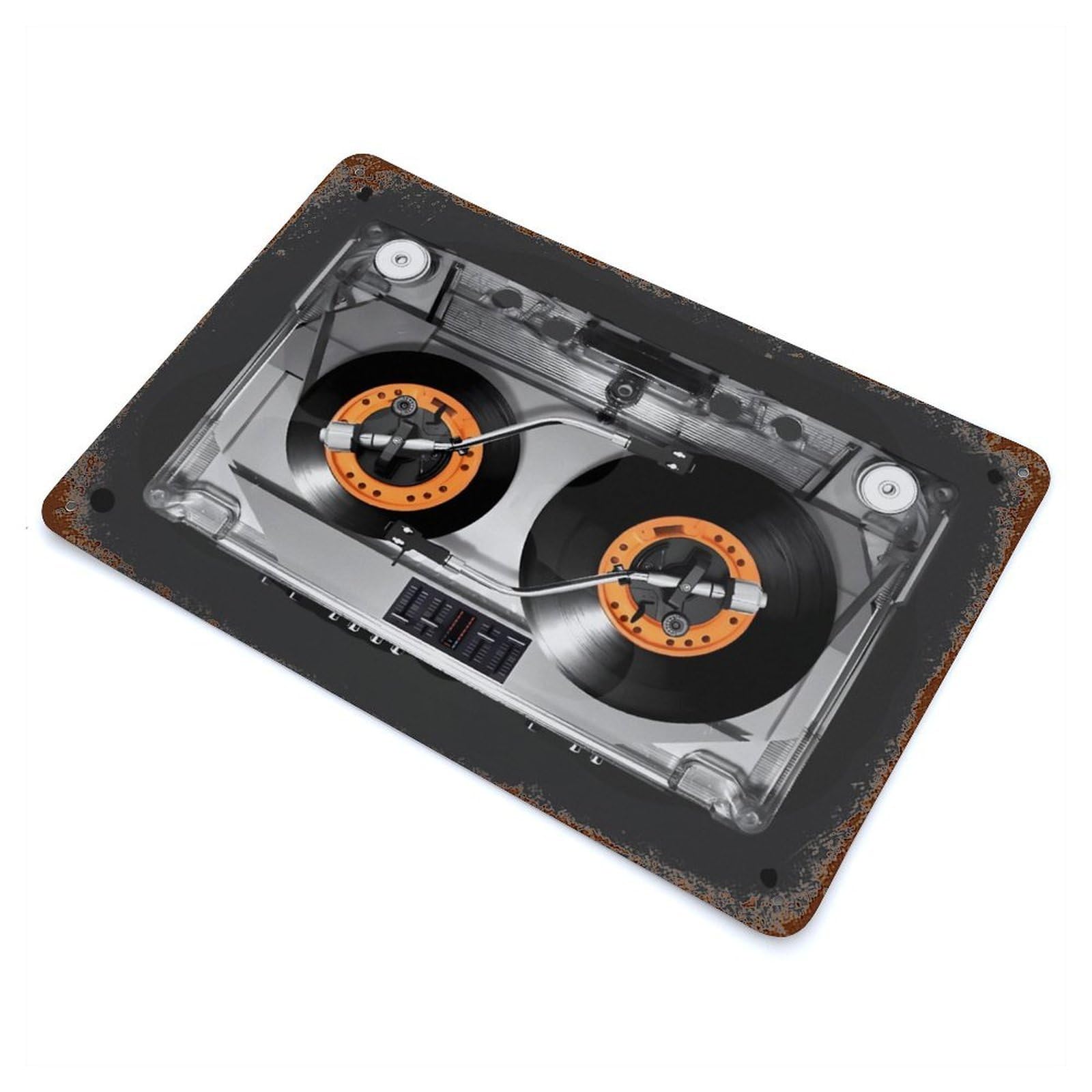 Rust Effect Cassette DJ Turntable Rusty Metal Tin Sign 11.8"x7.9", Old School Wall Decor for Basement, Hobby Room And Garage Decor
