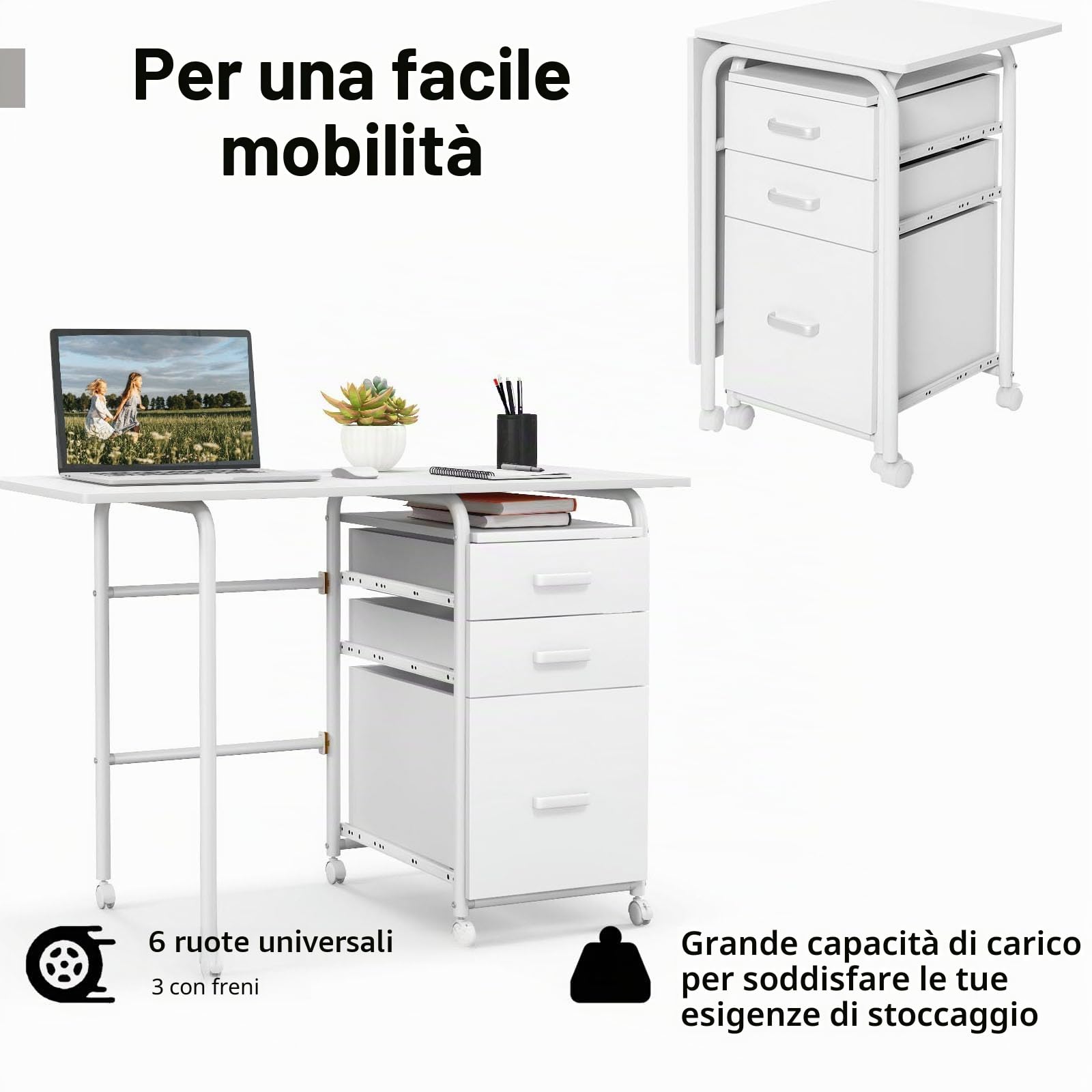 LIFEZEAL 2 in 1 Scrivania Ufficio, Scrivania Mobile Porta Computer, con 3 Cassetti, Piano Pieghevole, 6 Ruote, Salvaspazio, Tavolo, Postazione di Lavoro, Metallo+Legno, Max 100kg, 105x50x75 cm, Bianco