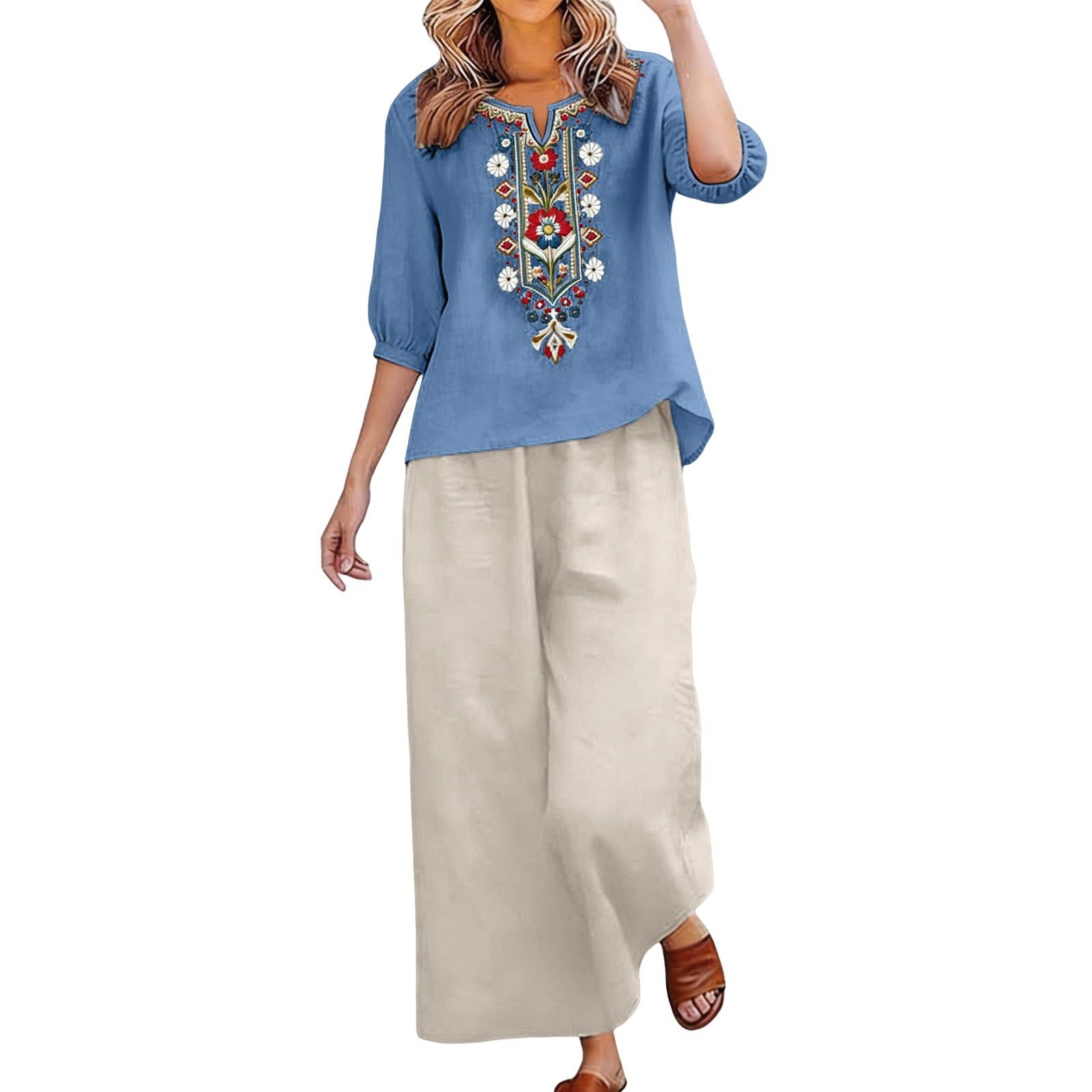 Zweiteiler Damen Elegant Baumwoll Leinen Freizeitanzug Musselin Hemd Weite Leinenhose Sommer Leinenanzug Hausanzug Freizeit Schlafanzug Hosenanzug,Summer Outfits For Women,Urlaub Leicht Loungewear
