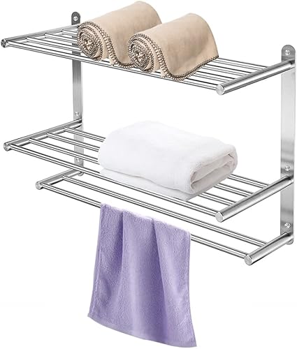 Toallero de baño de 3 niveles con barras de torre de 24 pulgadas de acero inoxidable para montaje en pared, estante de toalla de base gruesa para