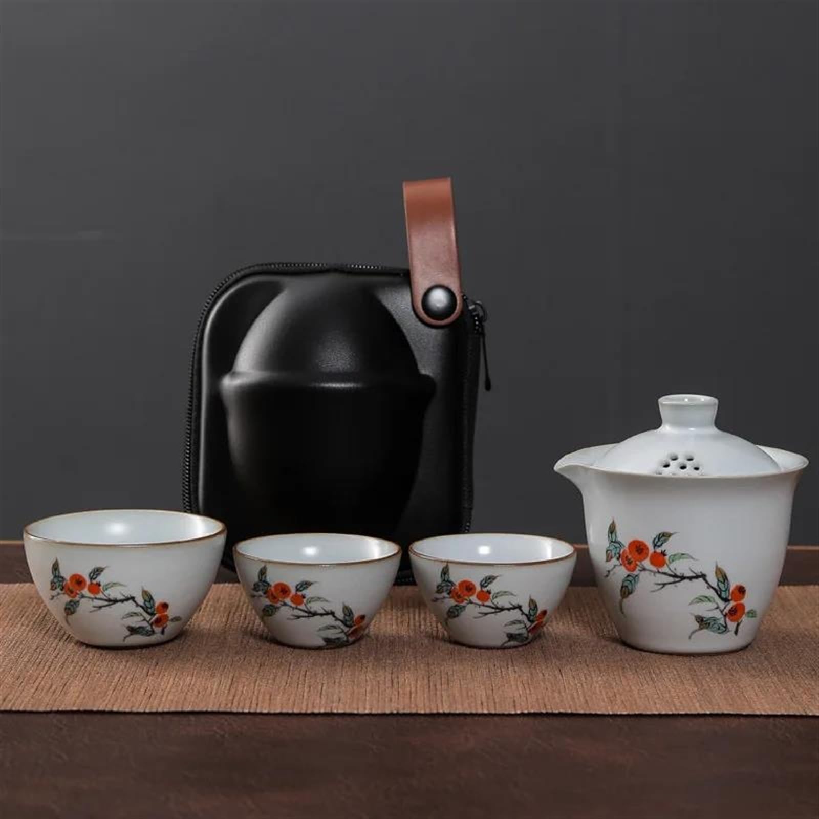 Afternoon Tea Set Ruyao Kuaike Cup Ceramic One Pot Three Cups Car Mounted Outdoor Handdrawn Simple Portable Bag Travel Tea Set Tea Set for Adults (Color : D) (A)