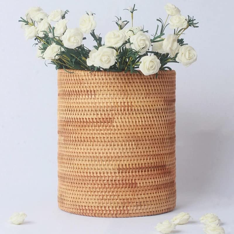 Koolouispoper Handmade Rattan Trash Can, Cylinder Storage, Desktop Trash Can, Rattan Trash Can Storage Basket (20CM)