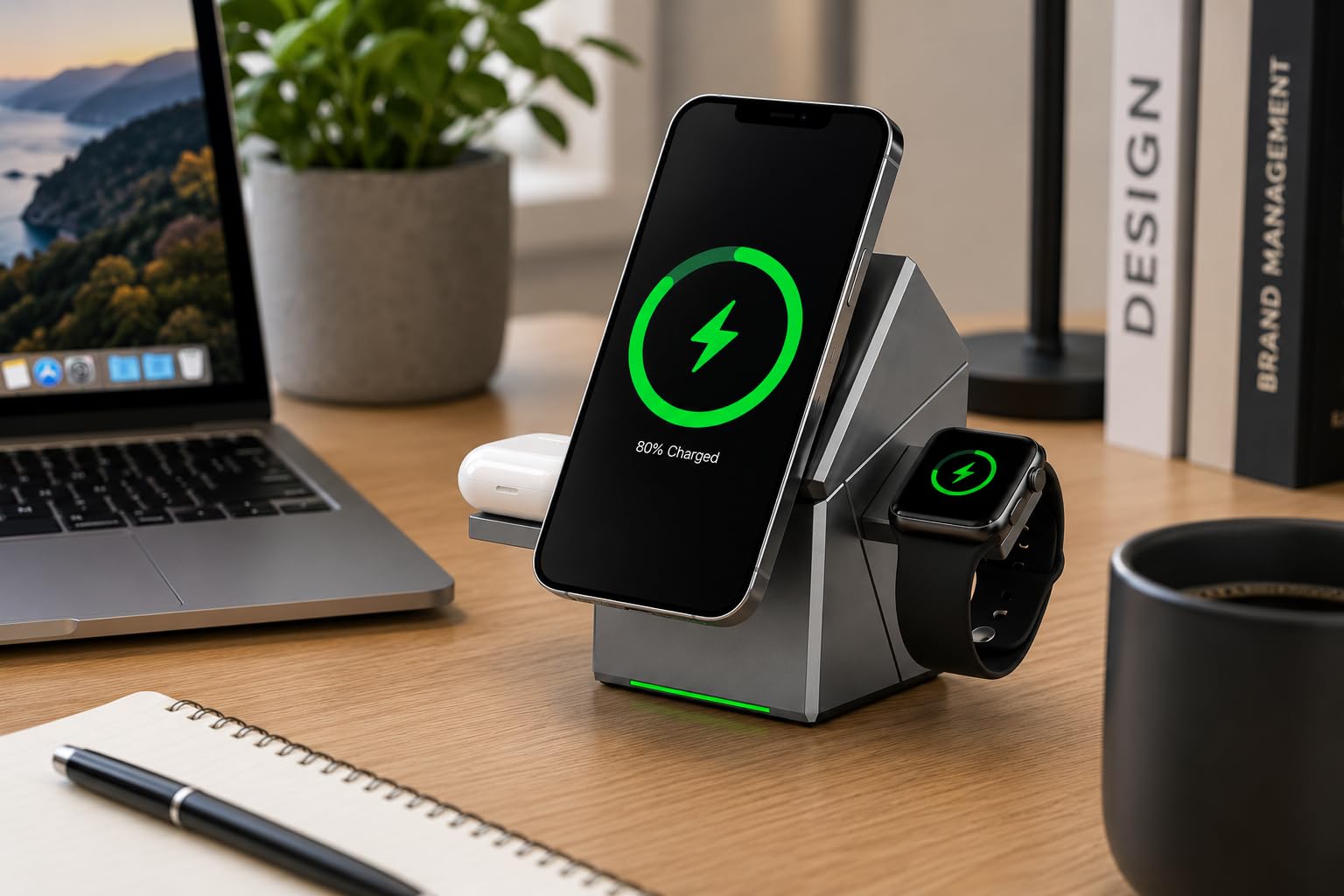 Chargeur sans Fil 3 en 1, 15W, Compatible Smartphones Android et Apple, Montres Connectées et Écouteurs sans Fil – Station de Charge Rapide Pliable et Compacte pour Bureau, Maison et Voyage