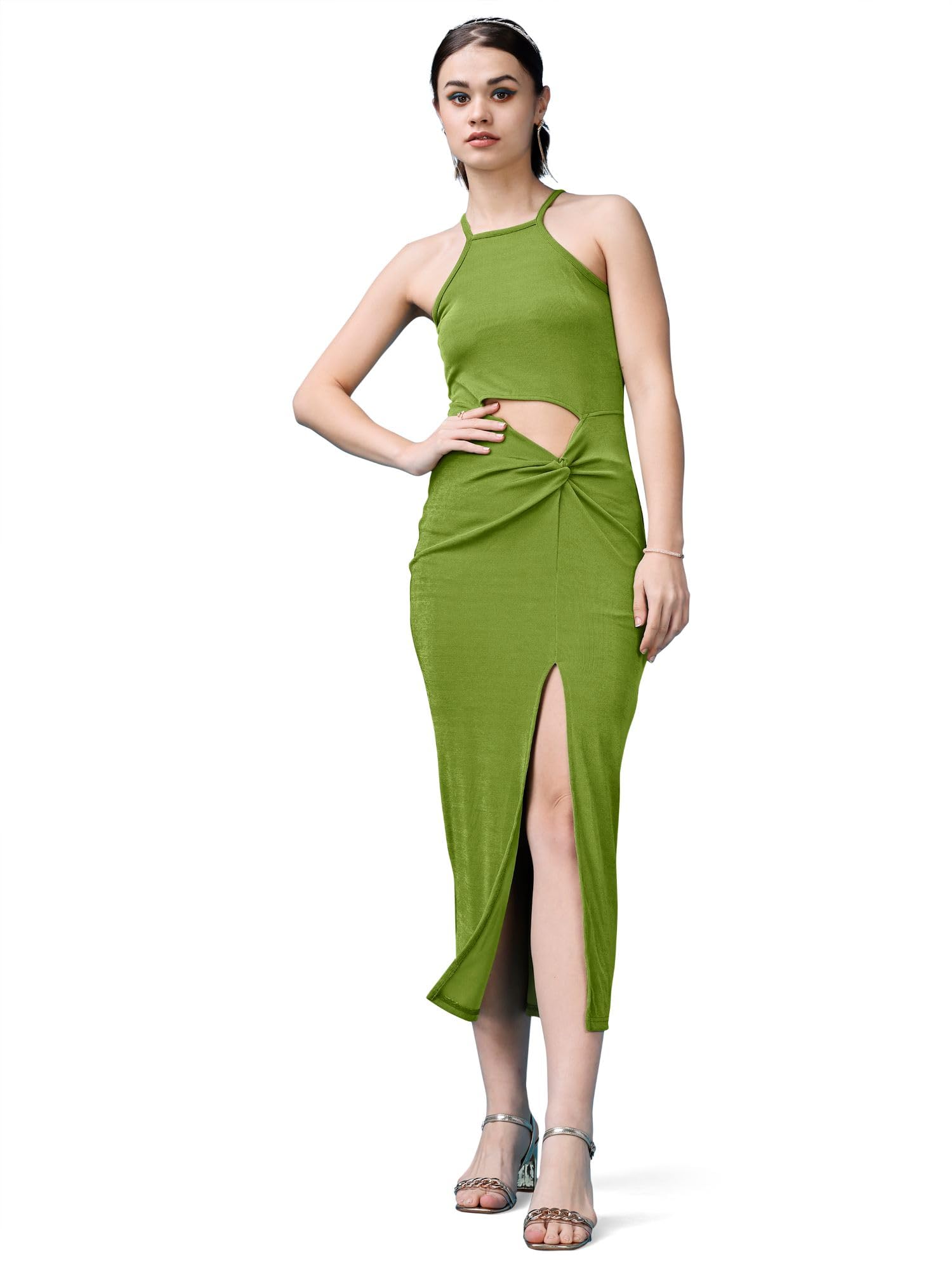 Purvaja Womens Bodycon Below Knee Length Dress (Shine-011-Olive_Green_X-Large)
