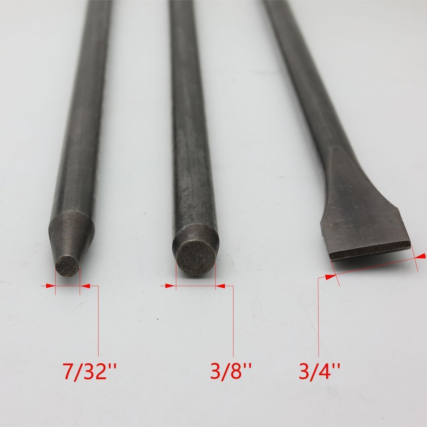 42Cr-Mo Air Hammer Bits 18''(450mm) Long 3-Piece Set, 3/4'' Air Chisel, 3/8'' Point Tip, 7/32'' Point Tip, 0.401" Shank, Air Hammer Attachments, HRC60, Rolled Rust-resistant Oil Treatment,Cold Chisel
