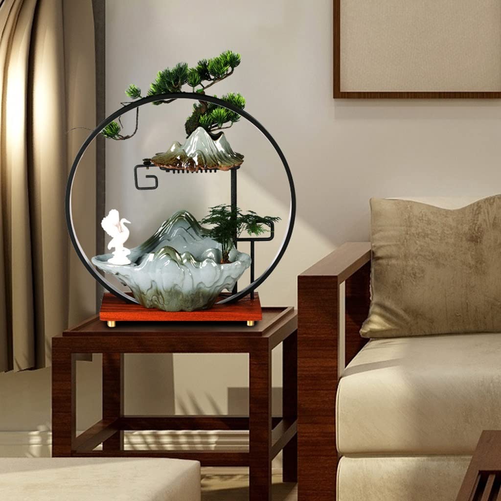 Tischbrunnen Tischbrunnen Chinesischer Zirkulationsbrunnen mit Lampenkreis Home Fortune Ornament Büro Wohnzimmer Desktop-Dekoration Indoor-Wasserfall(D)