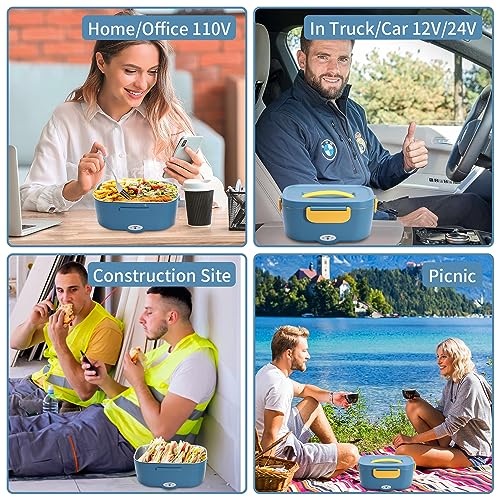 DUPASU Electric Lunch Box, 75W Portable Food Heater for Adults, Fast Heating Food Warmer for Car Truck Home Office 110V/12V/24V with 304 SS Container, Fork Spoon and Bag, Blue+Yellow