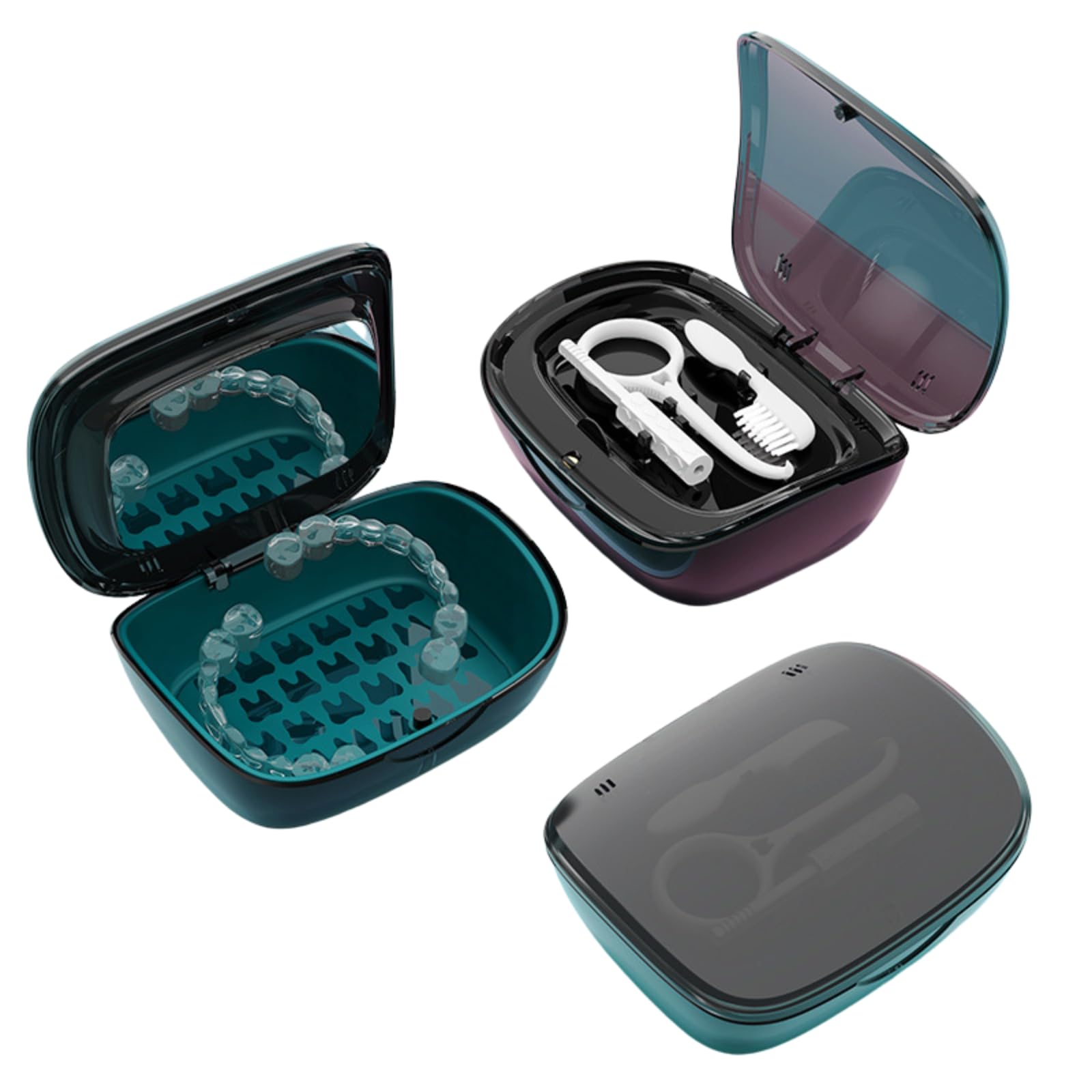 Multifunctional Retainer Case with Cleaning Brush and Chewies, Equipped with Mirror and Removal Tool for Aligners, Night Guards, and More (Black)