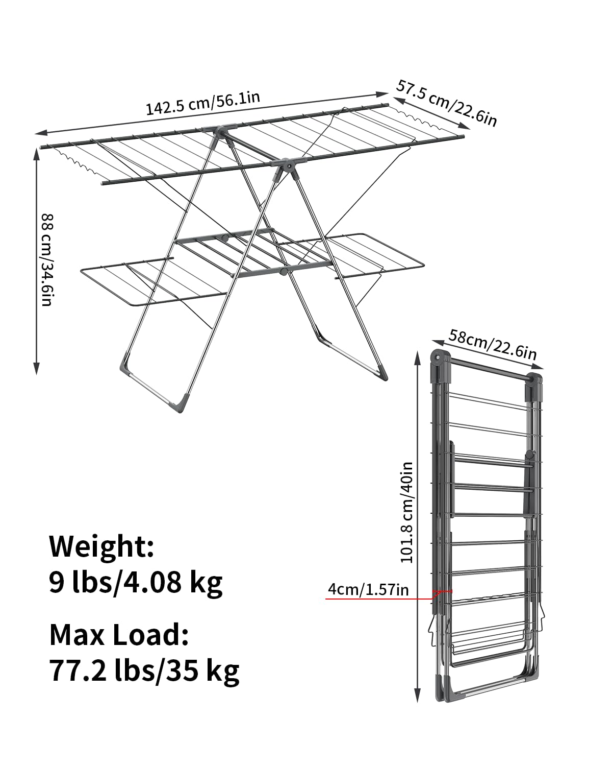 Innotic Stendino verticale, stendibiancheria pieghevole, stendini salvaspazio resistente, carico 35 kg, richiudibile, portatile, stendipanni per balcone interno esterno, 142×58×88, grigio