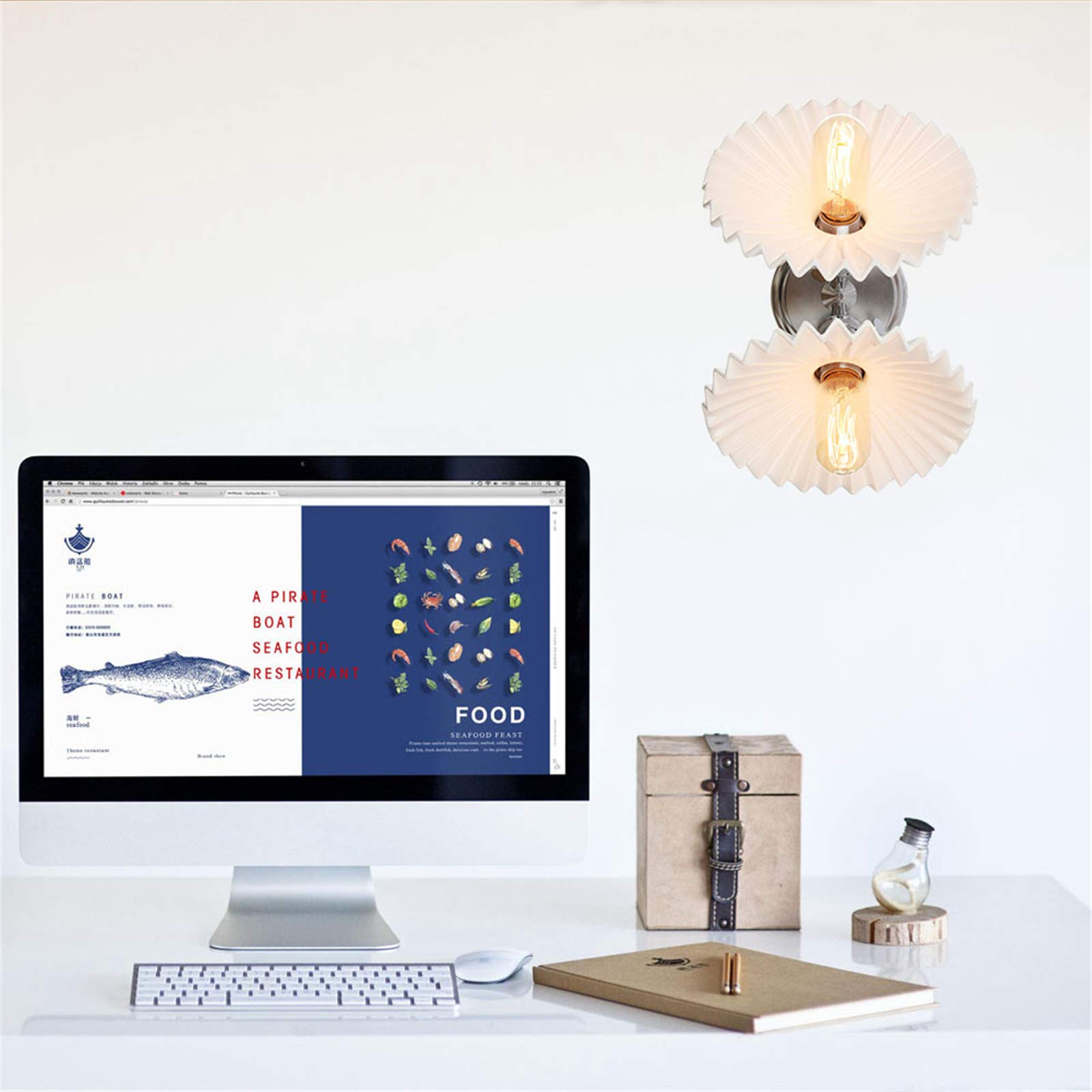 Lámparas de pared de 2 luces, pantalla de cerámica blanca, iluminación de pared de metal con interruptor, apliques de pared nórdicos para dormitorio y baño,Cromo