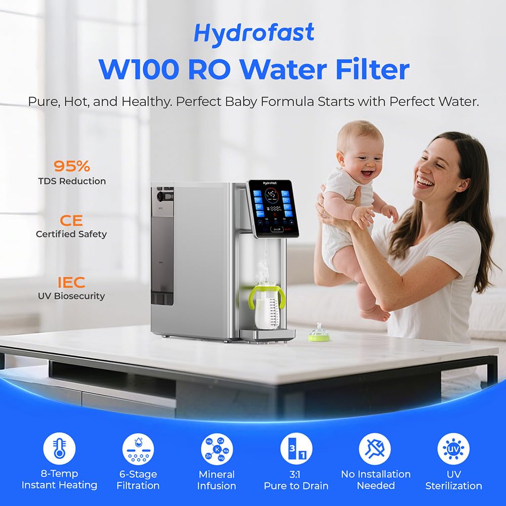 W100 UV Auftisch Umkehrosmoseanlage Wasserfilter, Heißwasserspender, Remineralisierung und pH-Gleichgewicht, 6-Stufiger Filterung Filter, 3:1 Rein zu Abfluss, Echtzeit-TDS-Monitor