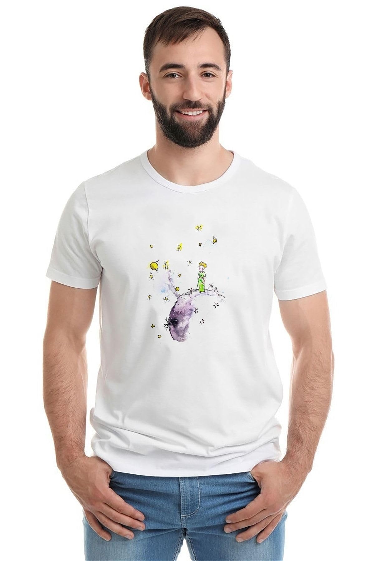 Qivi Küçük Prens Little Prince Stars Gezegen Baskılı Beyaz Erkek Örme Tshirt