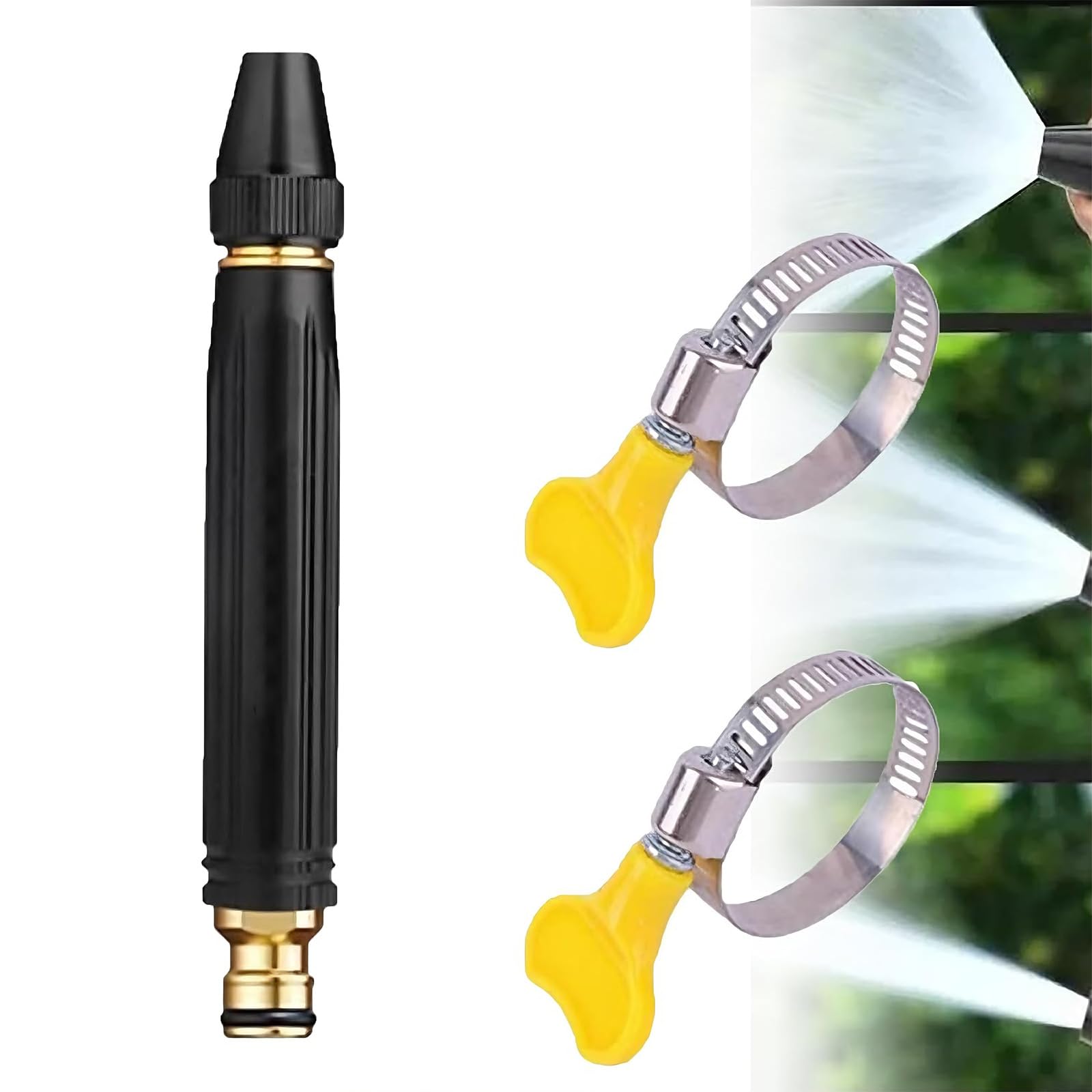 High Pressure Hose Nozzle, High-Pressure Car Wash Sprinkler with Booster Nozzle & 2 Pipe Clamps, 3 Spray Modes, High Pressure Water Gun for Car Cleaning, Patio Garden Yard (1PCS)