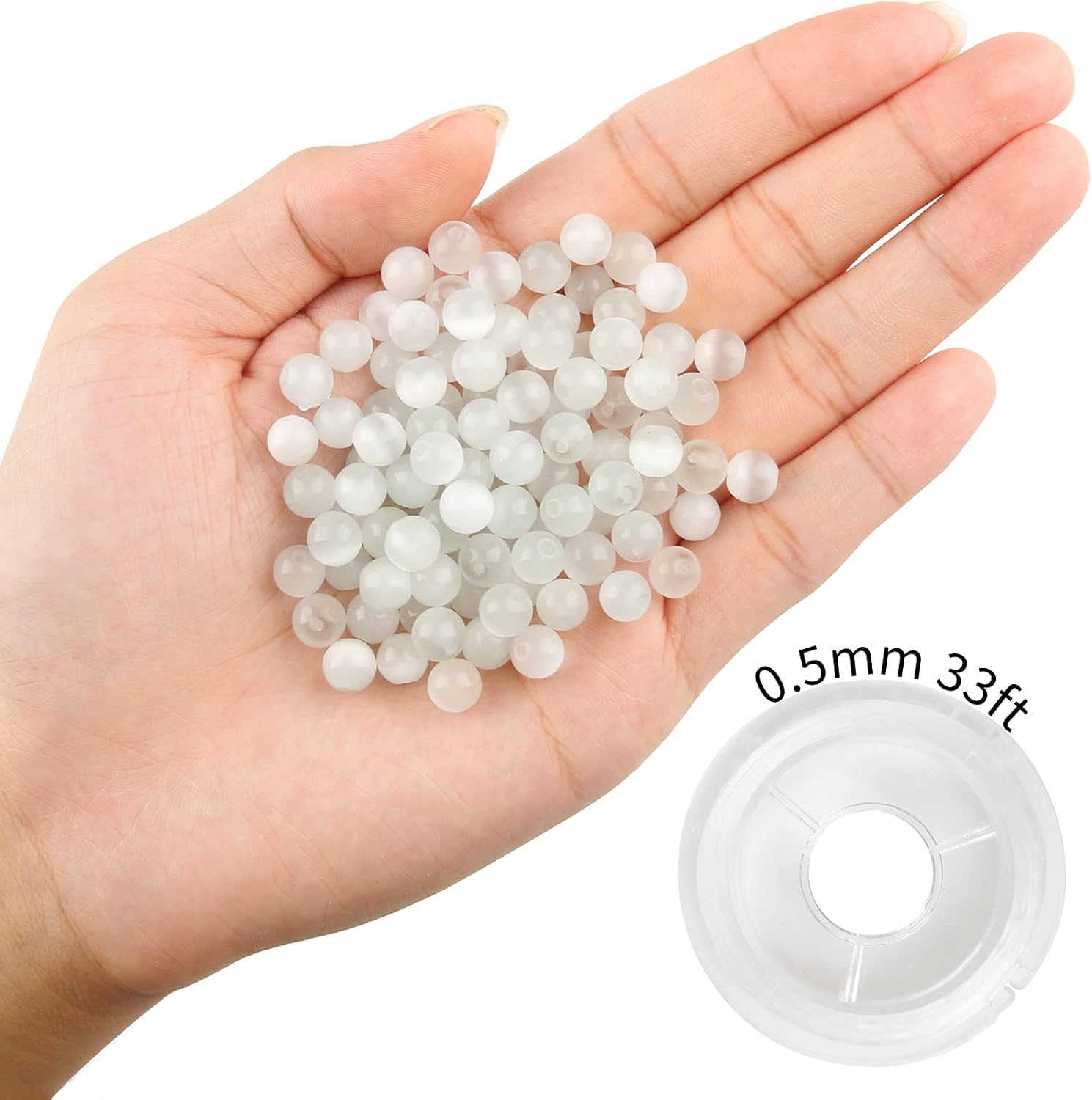 NITOPUPU 100Pcs 8mm Natural Smooth White Cat Eye Beads Round Loose Gemstone Stone Beads for Jewerly Making with Crystal Stretch Cord White cat eye 8mm