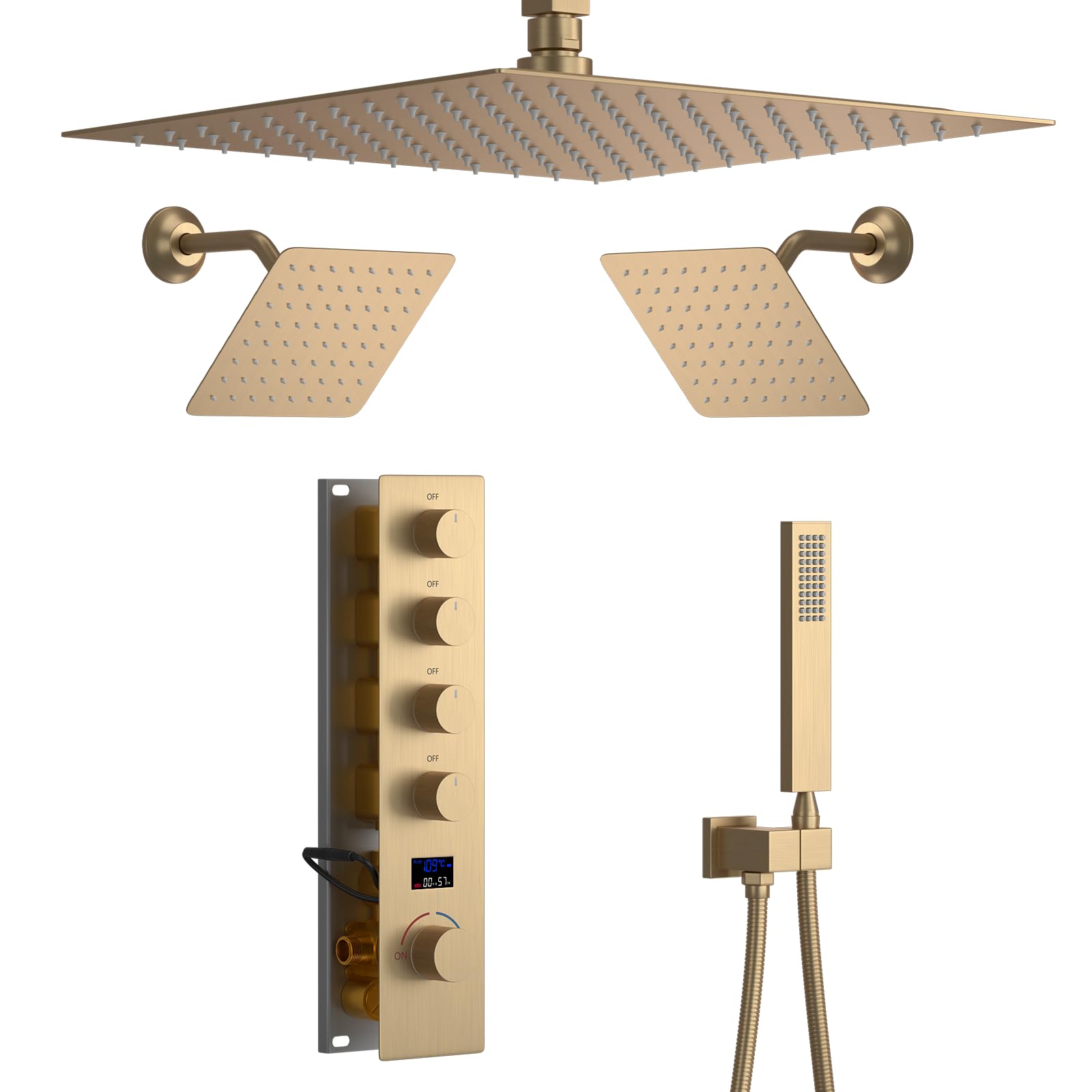 Brushed Gold Shower System with 3 Rain Shower Head(12+8+8 inch), Handheld Spray, 4 Way Smart Temperature Display Shower Faucet set