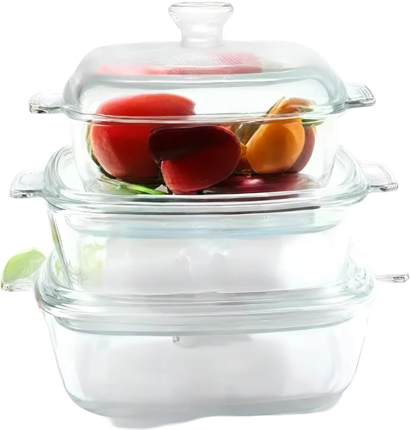 Housetronics 3 PCS Square Clear Glass Casserole Oven Dishes With Lid Oven Proof Microwave Freezer Safe With Handles (0.8/1.2/1.5 Ltr)
