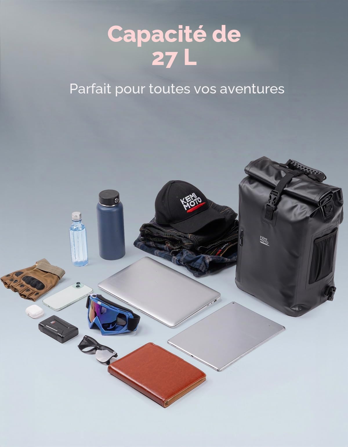 KEMIMOTO Sacoche de Vélo Étanche 27 L, Sacoche Velo Porte Bagage Arriere avec Compartiment pour Ordinateur Portable, Sac 3 en 1 Convertible en Sac à Dos et Sac Bandoulière avec Poignée et Bandoulière