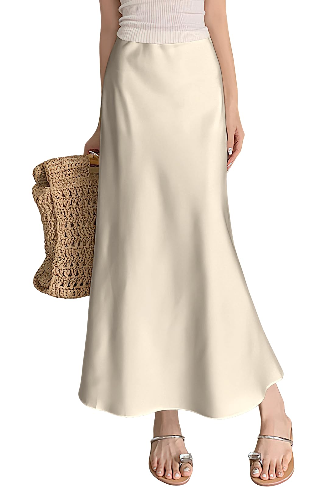 ebossy Women's Elegant Long Satin Skirt Silk Dressy Hidden Elastic Waist Flared A-Line Maxi Skirts