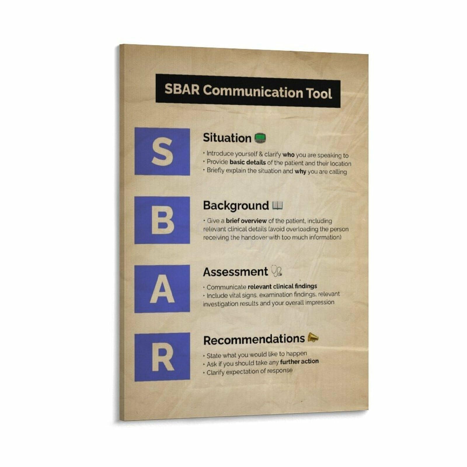 MDBJTCYZN Nursing SBAR Technique Canvas Print Healthcare Communication Guide for Hospital Clinic and Office Decor(Framed,16x24inch(40x60cm))