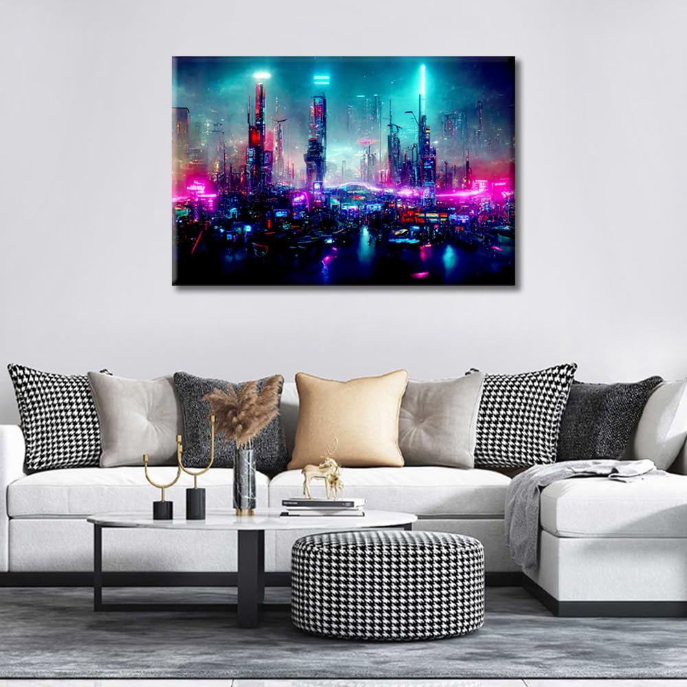 1 panel de lienzo para pared, diseño futurista de Ciudad Cyberpunk llena de luces de neón por la noche, imagen para sala de estar, estilo retro futuro, arte pixelado, pintura moderna, decoración de