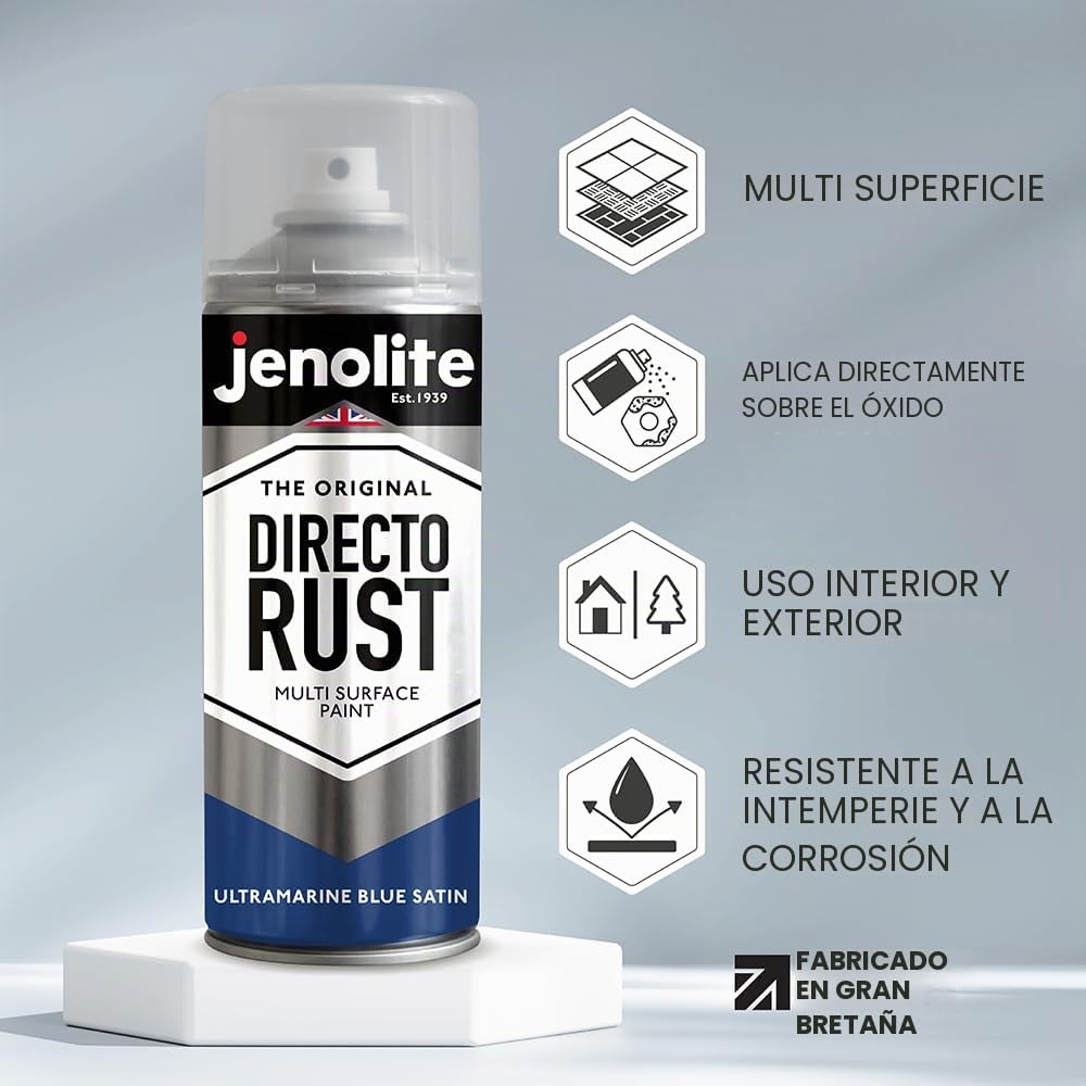 JENOLITE DIRECTORUST Pintura en aerosol satinada | AZUL ULTRAMARINO | 3x400ml | Pintura multisuperficie todo en uno: metal, madera, plástico | Aplicar directamente sobre el óxido | RAL 5002