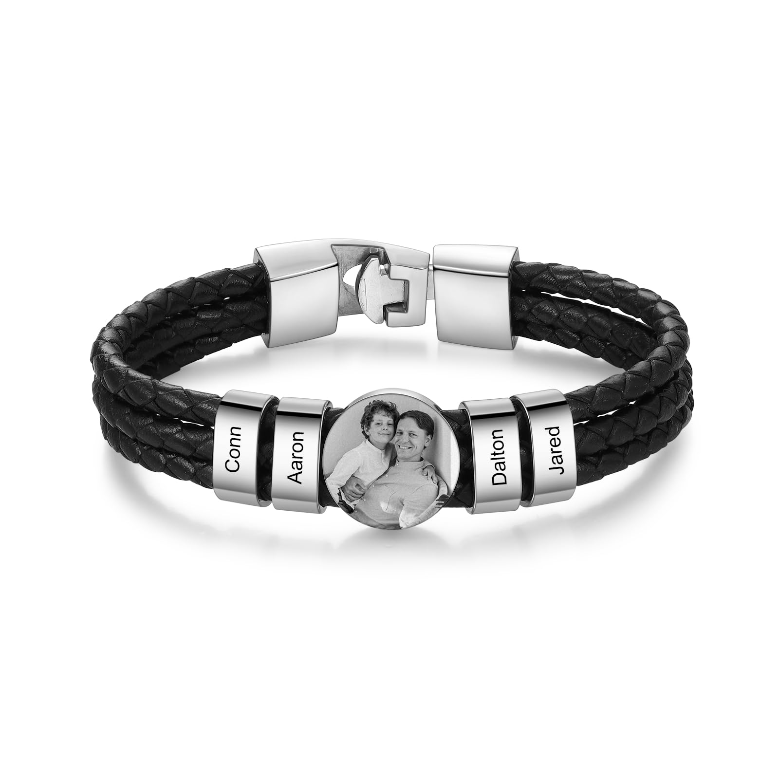 Jeweidea Pulsera con Foto para Hombres Pulsera de Cuero Personalizado con Nombres de Múltiples Bucles de Cuentas para Papá Niño Familia Regalos Navidad Día del Padre