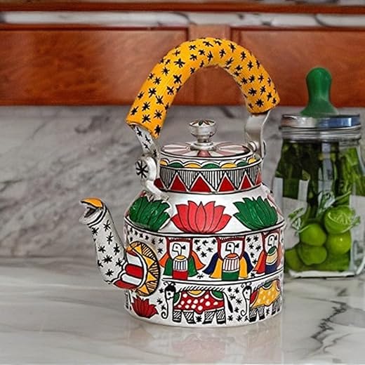 Traditional Hand Painted Aluminum Kettle Pot for Serving (White & Yellow)
