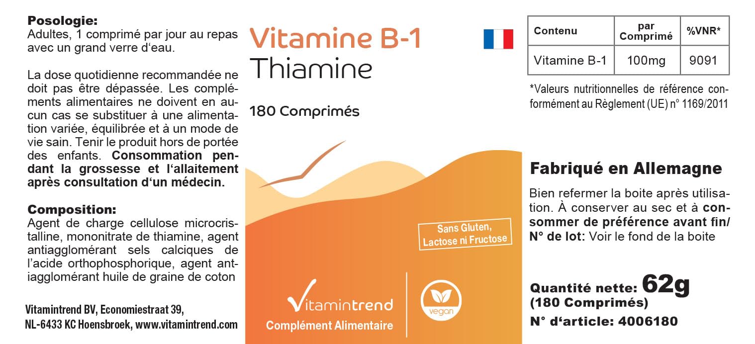 Vitamintrend Vitamine B1 hautement dosée 100 mg, 180 comprimés, thiamine, complément alimentaire vegan sans additifs, fabriqué en Allemagne