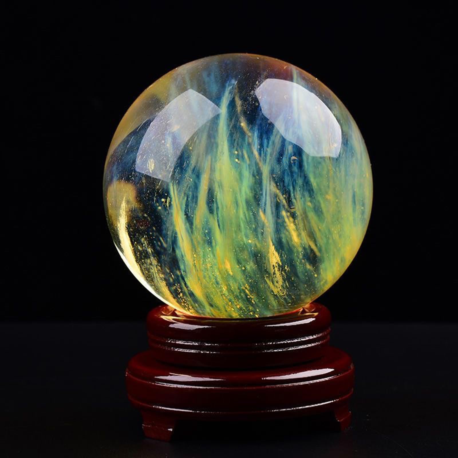 Bola de Cristal de Cuarzo Fundido Amarillo con Soporte de Madera Para Meditación, Esfera de Orbe de Cristal Pulido Natural Para Feng Shui, Adivinación, Magia, Decoración Del Hogar,150mm/5.9in