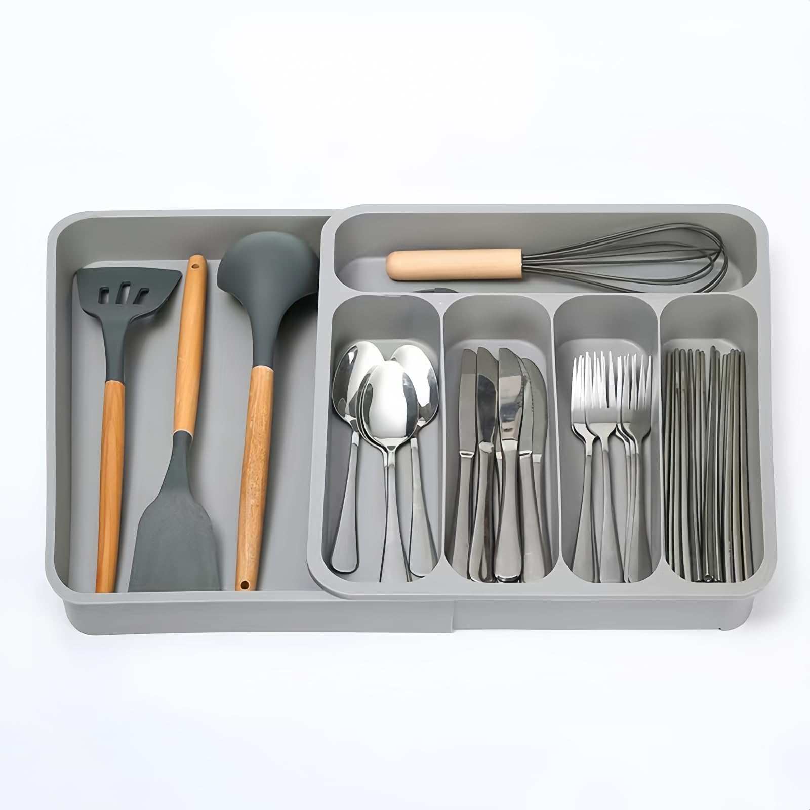 Eidoct Minimalist Grey 6-Compartment Adjustable Extendable Cutlery Drawer Organiser, Knife and Fork Storage Tray