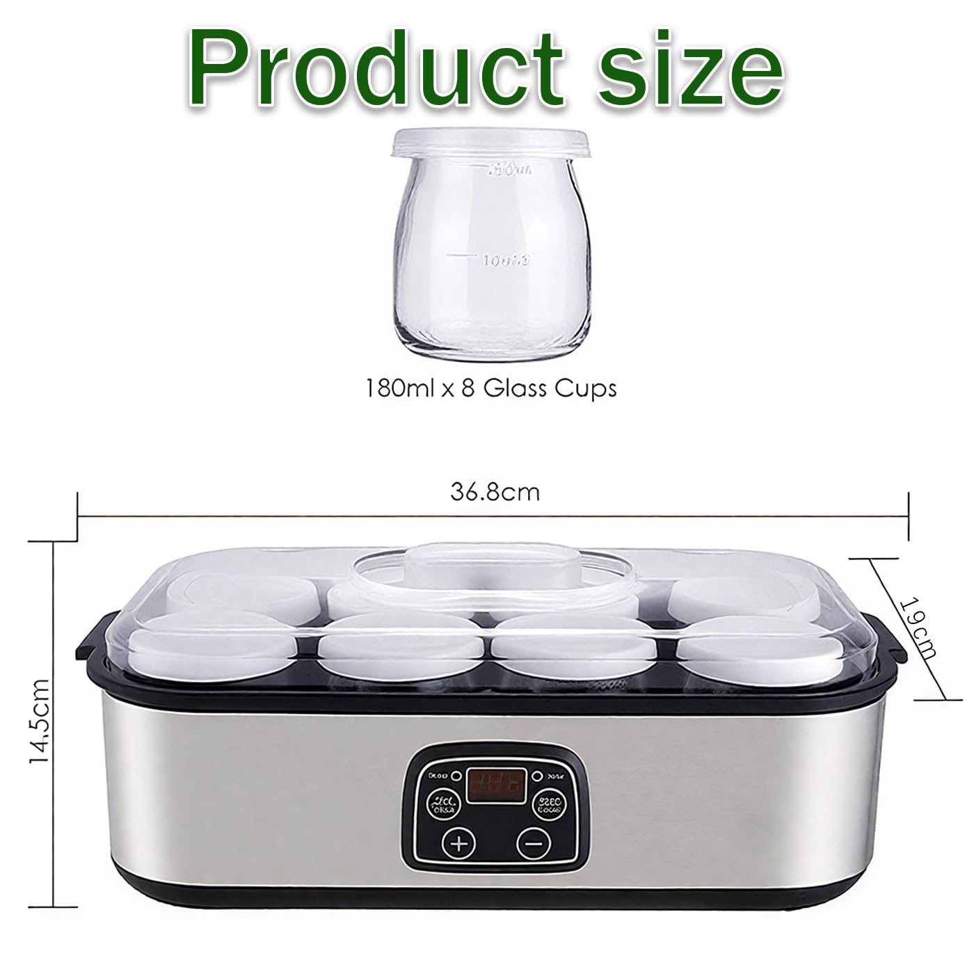 Elektromaszyna do jogurtu z 8 szklanymi słoikami, automatyczna maszyna do jogurtu 1400ML z wyświetlaczem LED, regulowana temperatura i timer, do domowego jogurtu/natto/wina ryżowego/fermentacji