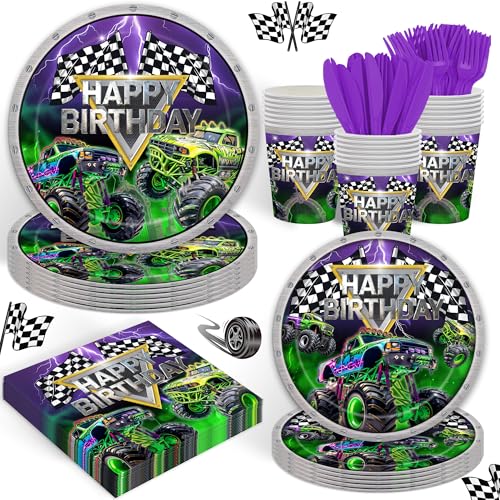 120PCS Monster Truck Party Supplies for Child Boys Kids Birthday Gravedigger Jam Theme Bday Party Decorations Truck Car Monster Jan Tableware Set Pregnancy Plates Napkins Cups Set for 20 Guests