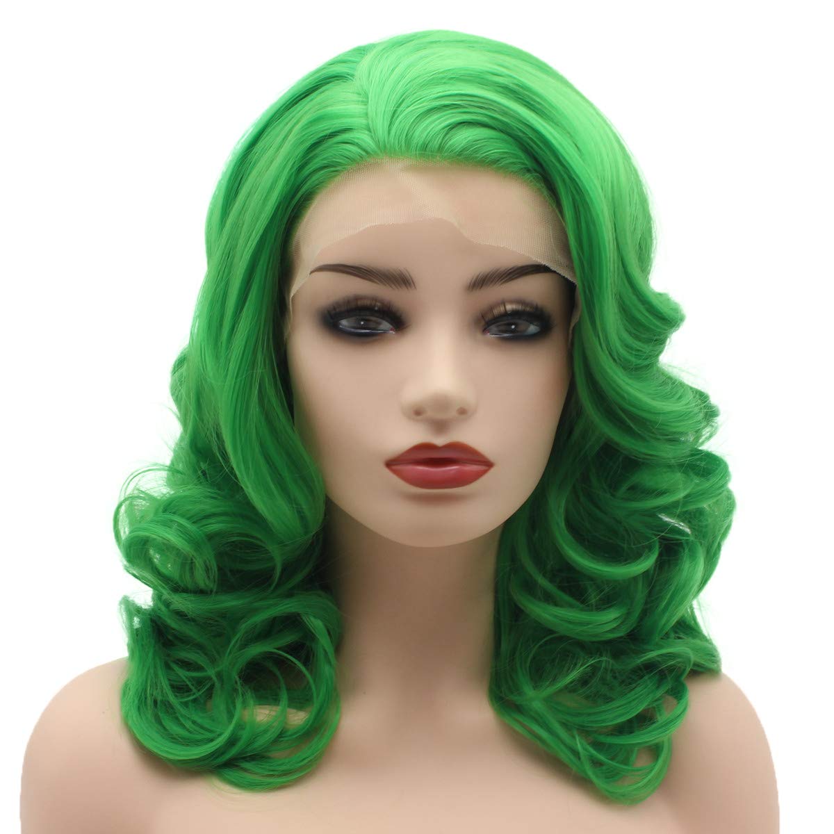 Hair Wavy Shoulder Length 16inch Green Heavy Density Realistic Synthetic Lace Front Wigs