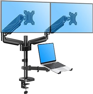 MOUNTUP Dual Monitor and Laptop Mount, Gas Spring Monitor Stand for Two Max 27" Computer Screens, Laptop Tray Fits 10-17inch Notebook, Holds 4.4-19.8lbs Per Arm, 3-in-1 Adjustable Monitor Desk Mount