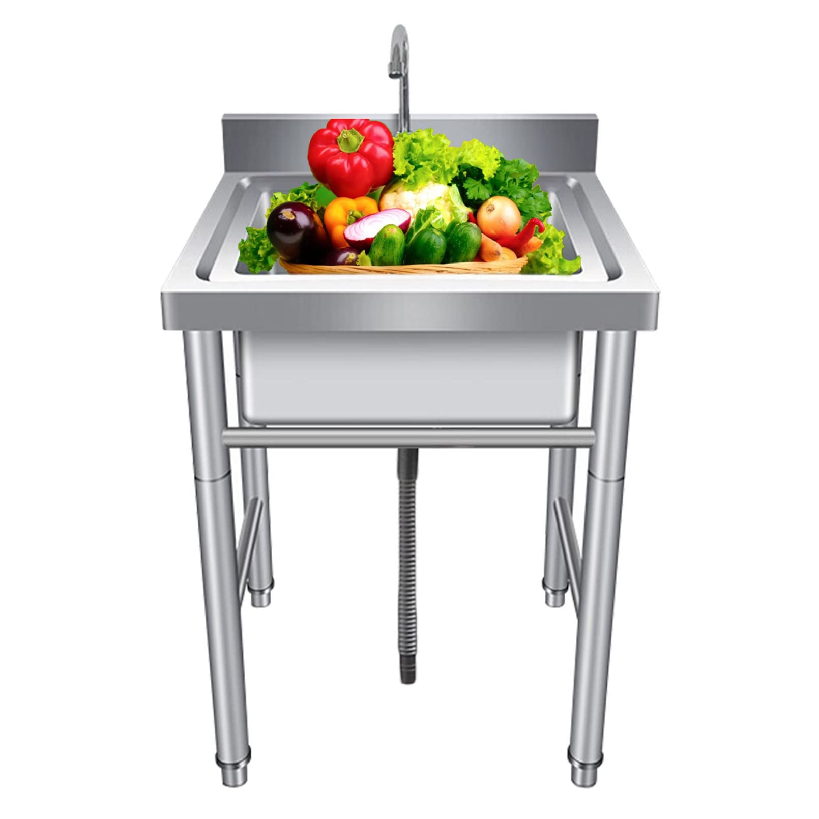 YNIYUJKL Utility Sink Freestanding Single Bowl Stainless Steel Commercial Kitchen Sink Laundry Tub Hand Basin With Faucet For Garage, Restaurant, Laundry Room,Silver-60x80cm