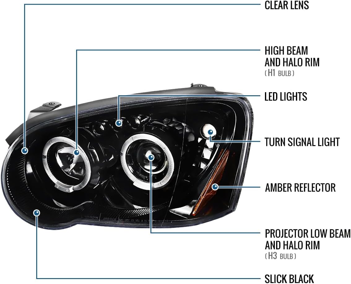 Ronnin - Fits 2004-2005 Subaru Impreza Upgrade LED Dual Halo Rims Projector Halogen Headlights Assembly Pair | Gloss Black